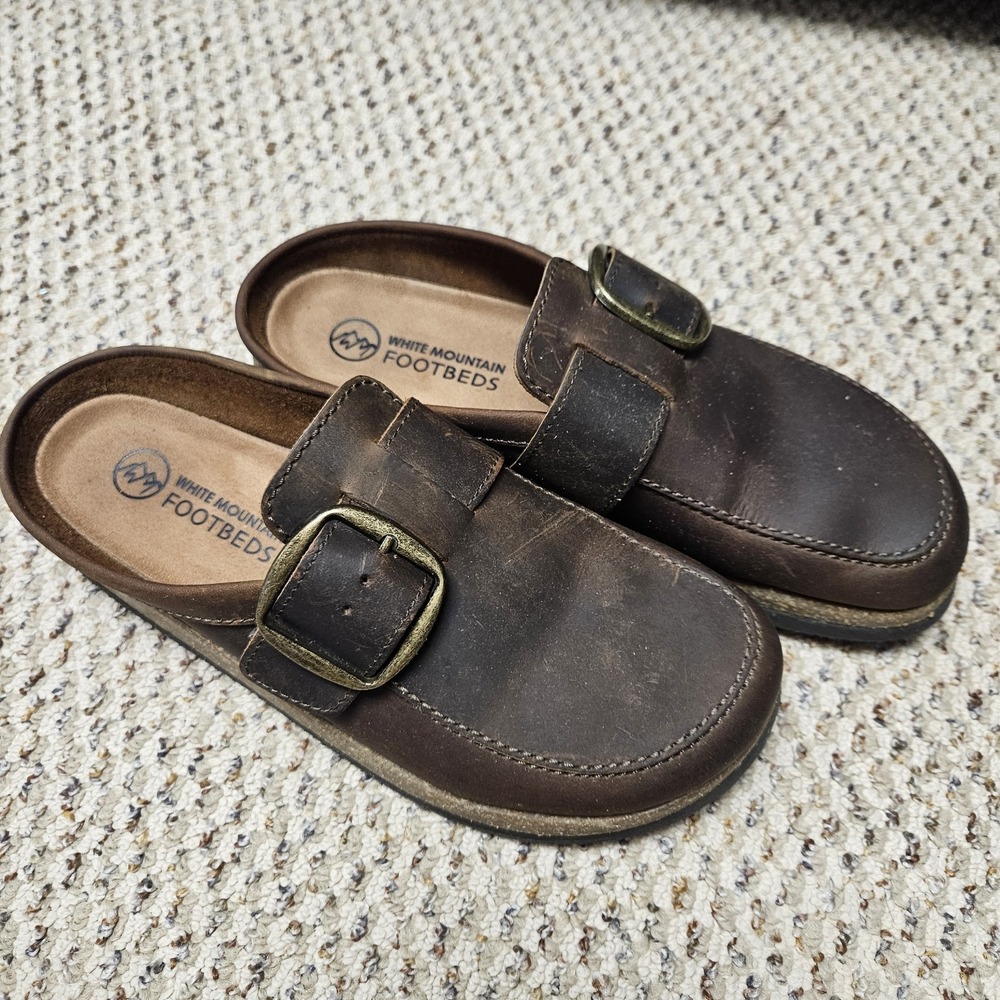 White Mountain Footbeds Brown Leather Clog Comfort Slip-On Buckle Shoes W 9.5